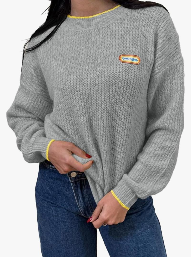 Saodimallsu Womens Sweaters Crew Neck Long Sleeve Knit Contrast Piping Stripe Lightweight Casual Fall Pullover Tops 2025
Size M