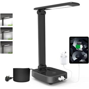 Yostyle LED Desk Lamp with 4 USB Charging Ports and 2 AC Outlets,5ft Extension Cord Power Strip Station, 3 Level Brightness, Touch Dimmer Control, Office Table Eye Care Lamp Bedroom Hotel