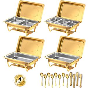Chafing Dishes for Buffet, 8 Qt High Grade Chafing Dish Buffet Set, Rolled-Edge Design Food Warmers for Parties, Buffet, Wedding, Birthday, Camping 4 Pack 7 Pans (Gold)