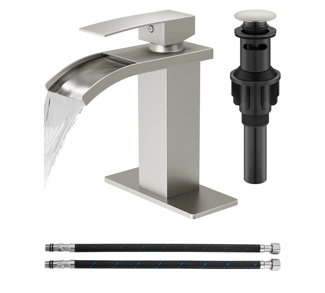 Waterfall Bathroom Faucet 1 Hole, Single Hole Bathroom Faucet, Single Handle Vanity Sink Faucet with Deck Plate, Pop-up Drain & Supply Lines, Brushed Nickel