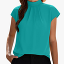 Funlingo Womens Summer Tops Mock Neck Short Cap Sleeve Blouses Business Casual Work Chiffon Shirts Front Pleated Tunic Top M