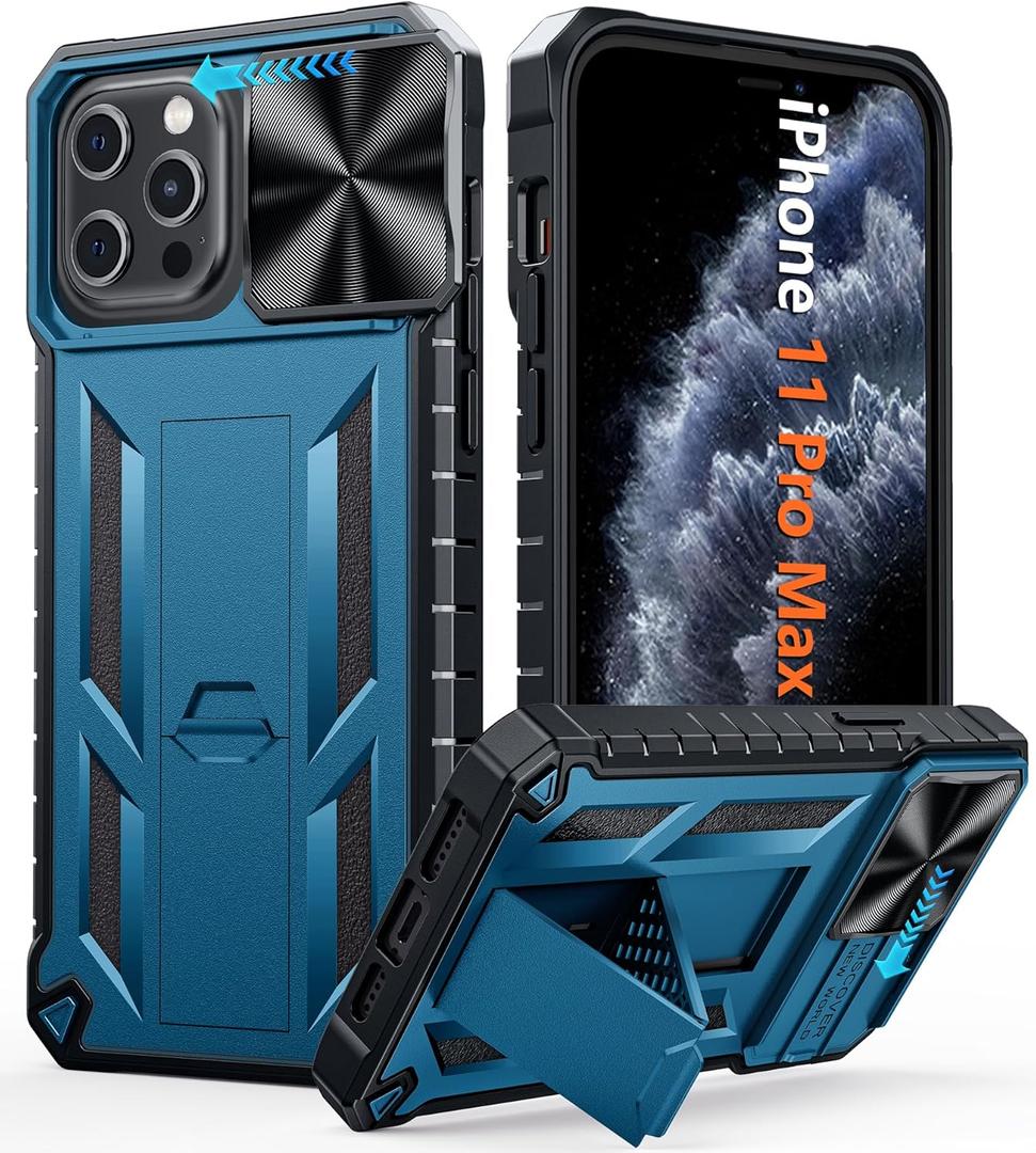 FNTCASE for iPhone 11 Pro-Max Case: Military Grade Drop & Shock Protection Cell Phone Cover with Kickstand & Slide | Rugged Protective Bumper Textured (Blue)