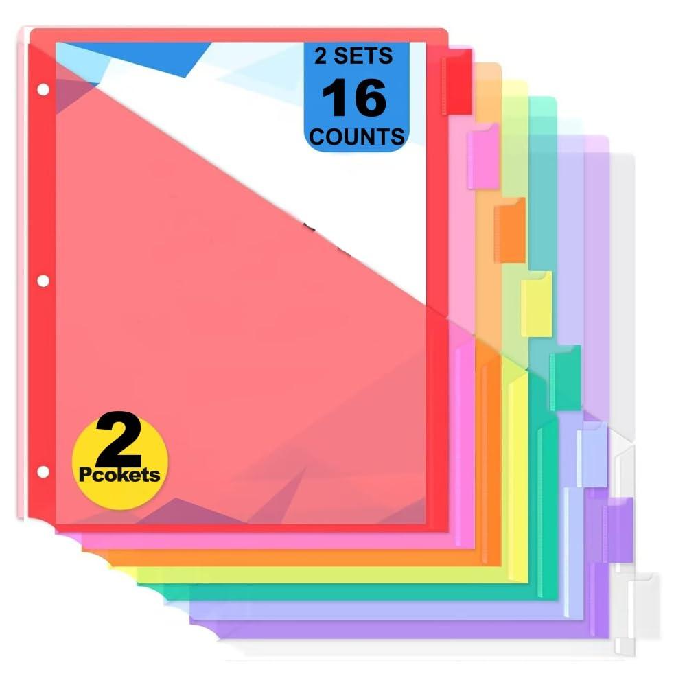 Awsedrt 8-Count Binder Dividers with Two Pockets, 8 Tabs, 3-Hole Punched, Multicolor Plastic Index Dividers Durable, Tear-Resistant, Insertable Labels Fits Standard 3-Ring Binders(Red,2sets)