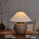 Rustic Farmhouse Table Lamp 20.8" Neutral Ceramic Table Lamp Brown White Checkered Ceramic with Linen Drum Shade Decor Bedside Nightstand for Living Room Bedroom (Small)