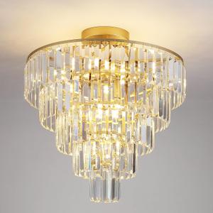 20" Crystal Chandelier, 10-Light Modern Gold Flush Mount Chandelier, Luxury Round Crystal Semi Flush Mount Ceiling Light Fixture for Dining Room, Living Room, Hallway, E12 Sockets