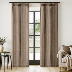 MIULEE Pinch Pleated Thick Linen Curtains 90 Inches Long 2 Panels for Living Room Bedroom, Linen Texture Memory Trained Brown Drapes Pleat Back Tab Light Filtering Country Farmhouse Burlap Curtains