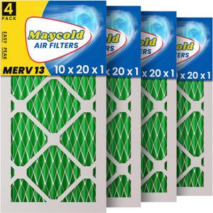 Maycold MERV 13 10x20x1 Air Filter (4-Pack), High-Efficiency Pleated AC & Furnace Filters, Actual Size: 9.70” x 19.70” x 0.75”, Individually Wrapped in Plastic