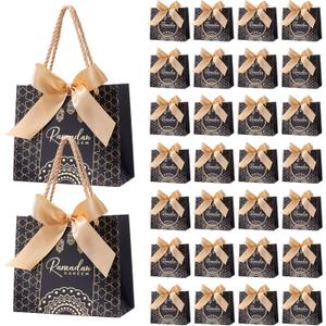 Marspark 30 Pcs Ramadan Mubarak Reusable Gift Bags with Bow, Black Gold Foil Stamping, Eid Mubarak Treat Bags with Handles, Reusable Eid Basket for Gifts Wrapping, Kareem Party Supplies, 14*6*12cm