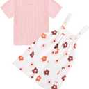Toddler Baby Girl Summer Outfit Short Sleeve Ribbed Tops + Flower Suspender Overalls Shorts Set Kids Cute Clothes (Pink), 12-18