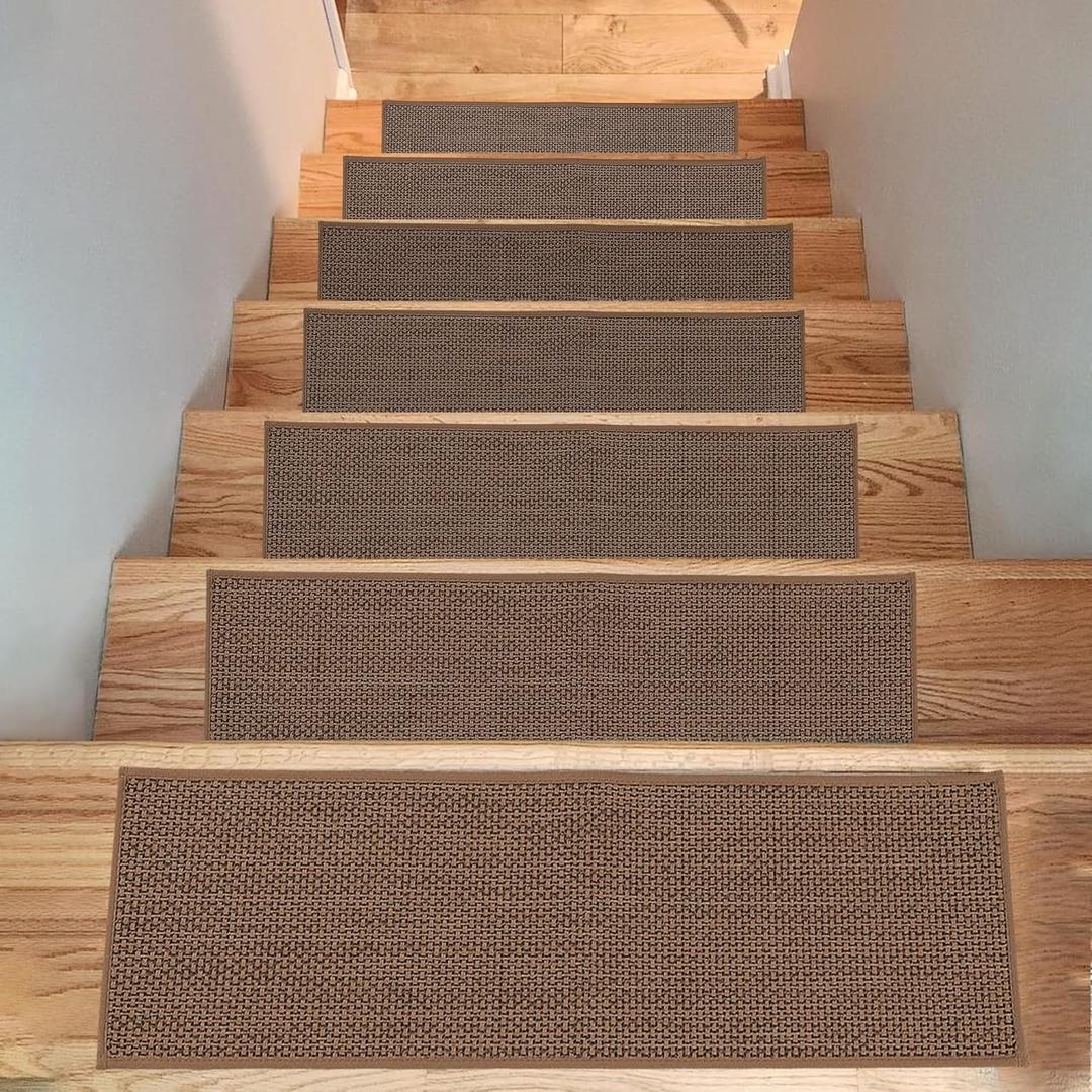 Non-Slip Stair Treads for Wooden Steps Indoor, 4 Pack 8x30in Carpet Stair Treads with Reusable Adhesive, Stair Runners for Wooden Steps Non Slip for Kids Elders and Pets,Machine Washable, Brown Weave