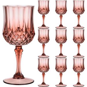 7OZ Plastic Glasses, 10Pcs Rose Red Reusable Drinking Cups Vintage Champagne Flutes, Plastic Crystal Water Goblets for Parties Stemmed Shatterproof Drinking Glasses for Wedding, Toasting Party