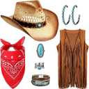 Ecally 7 Pcs Western Cowgirl Outfit Tassels Fringe Vest Bohemian Turquoise Jewelry Kit Cowboy Hat Bandana for Women Cosplay