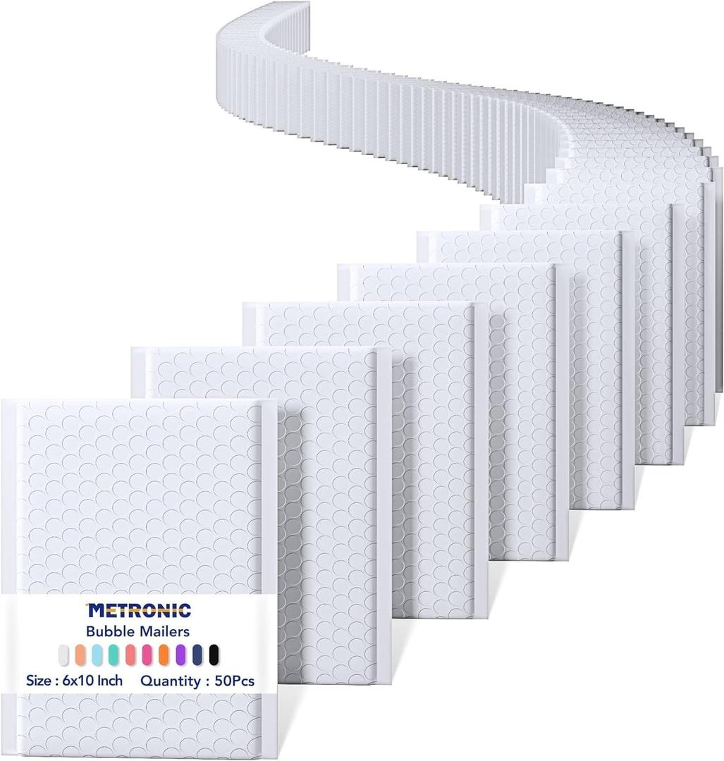 Metronic Bubble Mailers 6x10 50Pack, Self-Seal & Waterproof Bubble Mailer, Padded Envelopes, Mailers Padded for Shipping, Packaging for Business, White Usable Size 6x9