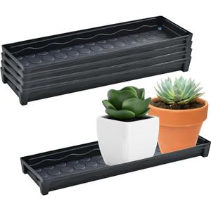 5 PCS Plastic Plant Tray Saucer Rectangular, Windowsill Plant Drainage Stand for Indoors Outdoor, Black Water Drip Tray for Flower Pot Planter, 16 x 4.5 x 1.6 Inch