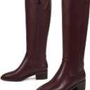 ISNOM Knee High Boots Women Chunky Low Heel Square Toe Elastic Boots Side Zipper Faux Leather Fall Long Tall Boot (7.5, Burgundy-block Heels)