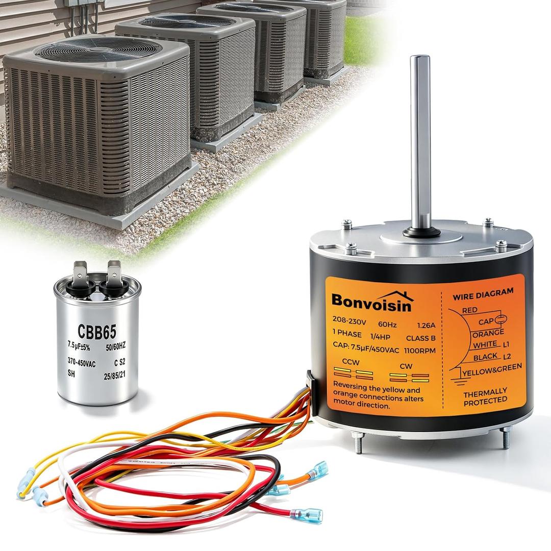 Bonvoisin Condenser Fan Motor 1/4 HP, 1100 RPM, AC Replacement Condenser Fan Motor with Capacitor for Genteq Bryant Payne Dayton, CCW/CW Reversible Rotation, 208-230V