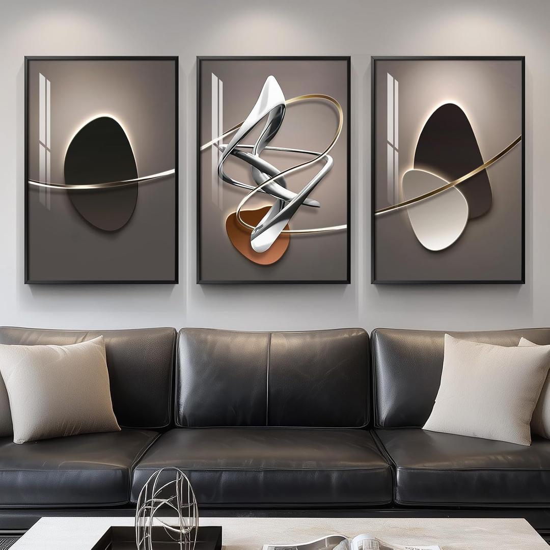 Framed Large Modern Abstract Wall Art for Living Room, Large 3 Piece Black and White Bright Style Artwork, Minimalist Geometric Painting Prints for Dining Room Hallway Office Wall Decor, 24x36 In