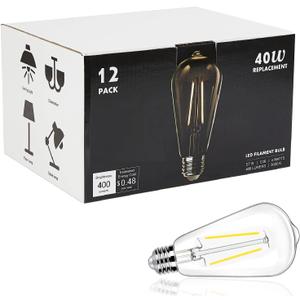 12 Pack LED Edison Bulbs 40 Watts Equivalent, 4 Watt LED Vintage Light Bulb, 5000K Daylight ST19 Light Bulb, 400LM E26 Base for Light Fixtures, Not Dimmable