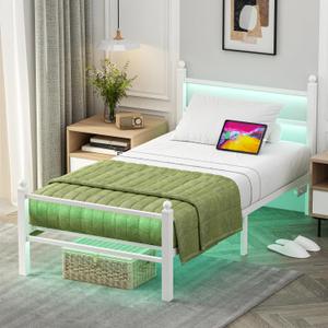 Jenmit Twin Size Bed Frames with Charging Ports&LED Lights,Heavy Duty Metal Slats Support,No Box Spring Needed,Noise Free,No Squeak,Easy Assembly,for Girls Kids,White