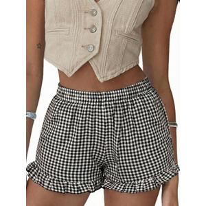 Casual Shorts for Women Gingham Boxer Shorts for 2026 Summer Beach Bottoms Black (Black, S)
