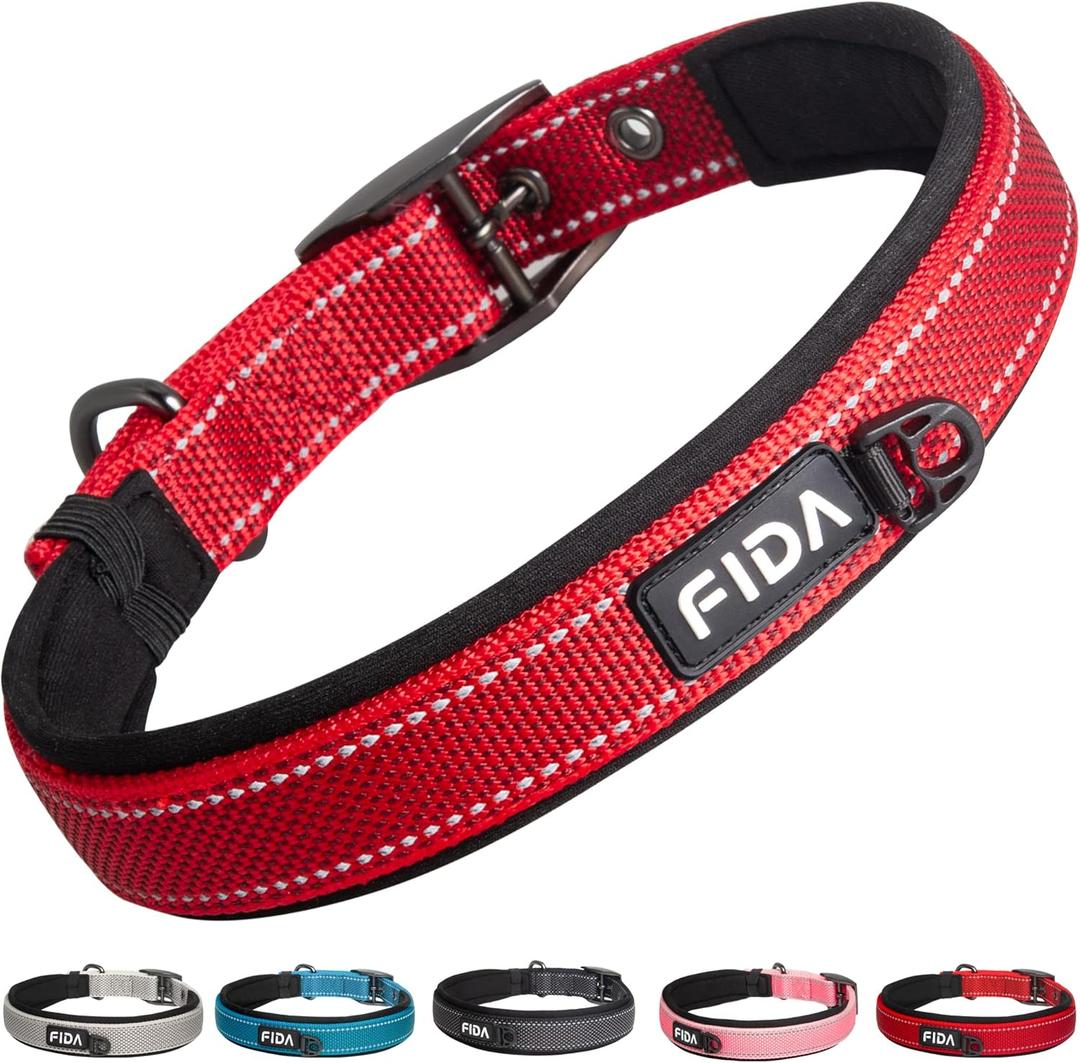 Fida Heavy Duty Dog Collar, Ultra Comfortable Soft Neoprene Padded, Adjustable Reflective Nylon Pet Collar with Durable Metal Belt Buckle for Large Breeds (L, Red) (Large(19"-23"))