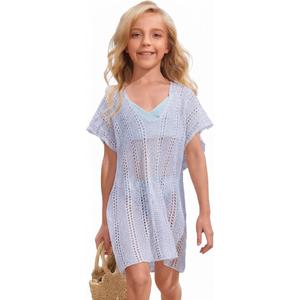 SOLY HUX Girl's V Neck Crochet Short Sleeve Beach Dress Summer Swimsuit Bikini Cover Up Solid Light Blue 12Y