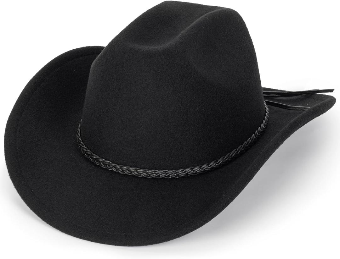 Women Men Classic-Western-Cowboy-Hat - Wide Brim Western Cowboy Cowgirl Hat Fedora Hats(Size:M) (Black)