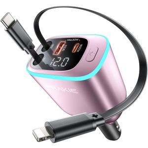 iPhone Car Charger, Retractable Fast USB C Phone Charger, 4 in 1 Cigarette Lighter Adapter with 2 Cables 25 Inch and 2 USB Ports, Multi Port USB Car Charging for iPhone 17/16/15/14/13/Pro Max-Pink
