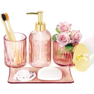 Designer Pink Glass Bathroom Accessories Sets - 4 Pcs with Lotion Soap Dispenser, Bathroom Toothbrush Holder, Vanity Tray, and Apothecary Jar, Vintage Bathroom Decor