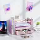 gianotter Desk Organizers and Accessories with File Holder, 4-Tier Desk Accessories & Workspace Organizers with Drawer and 2 Pen Holder, Paper Organizer for Office Supplies (Pink)