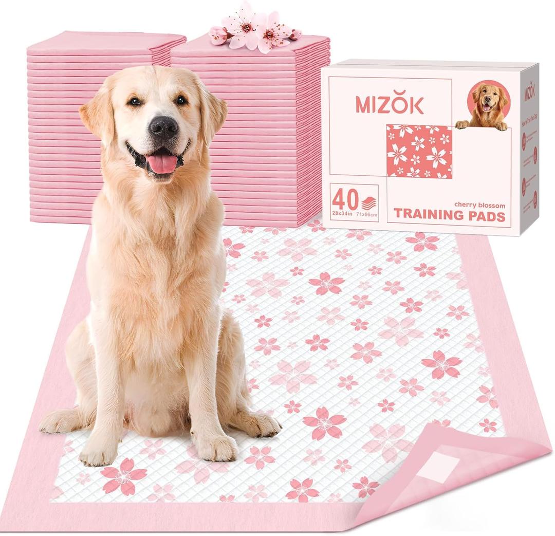 MIZOK Dog Pee Pads Extra Large 28"x34", Potty Pads for Big Dog Breeds, Super Absorbent & Leak-Proof, Pink Cherry Blossom Prints, Thick & Heavy, 4 Adhesive Tabs, XL (40 Counts)