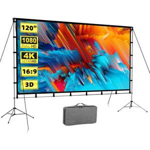 Outdoor Projector Screen with Stand 120 Inch, Vamvo Portable Projector Screen Indoor Outdoor with Carry Bag, 16:9 4K HD Movie Screen for Home Backyard Theater
