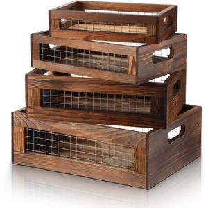 4 Pcs Wooden Nesting Countertop Baskets 4 Size Wooden Storage Box with Handle and Metal Wire Multipurpose Wood Organizer Crate for Fruit Vegetable Kitchen Cabinet Bathroom(Walnut,Small)