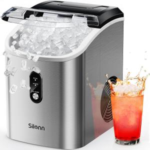 Silonn Nugget Ice Maker Countertop, Pellet Ice Machine with Self-Cleaning Function, Sonic Ice Maker Produces 33lbs of Chewable Ice in 24 Hours, Ideal for Home Kitchen and Office (Stainless Steel-17T)