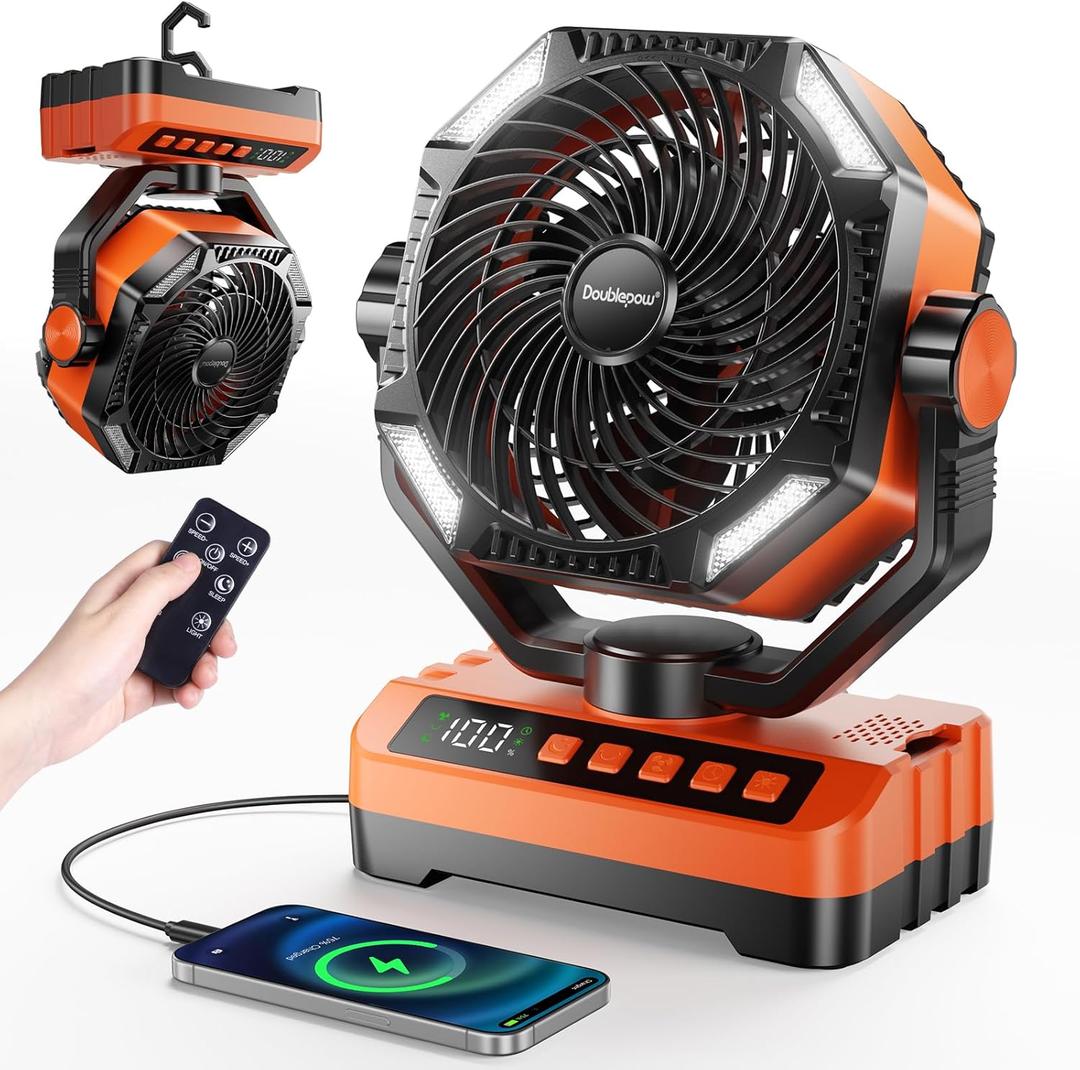Camping LED Fan with Light, 40000Max Rechargeable Battery Powered Outdoor Tent Fan with Light and Hook, 4 Speed, Personal USB Desk Fan for Camping, Fishing, Power Outage,Hurricane, Worksite (20000mAh)