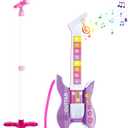 deAO Kids Guitar and Microphone Set with Stand Adjustable Height Music Light Karaoke Music Toys Christmas Birthday Gift for Kids Boys Girls (Purple)