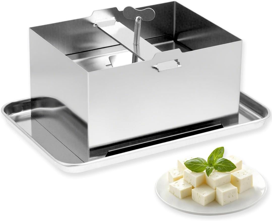 Tofu Press Stainless Steel, Tofu Presser Fast and Efficient Water Removal for Firm Tofu, Easy to Clean & Dishwasher Safe, Comes with Stainless Steel Drip Tray and Cheese Cloth