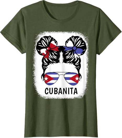 Cubanita Cuban Girl Hispanic Heritage Month Cuba Flag Women T-Shirt (Olive Green, M)
