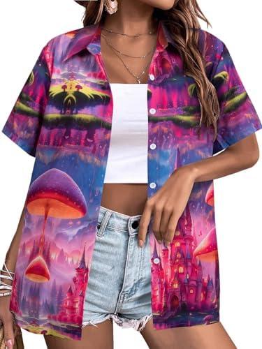 FRYAID Magic Shirt Women Magical Kingdom T-Shirt Funny Graphic Hawaiian Shirts Family Vacation Button Down Short Sleeve Tops 2XL