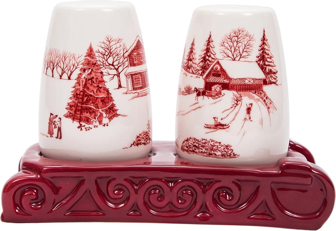 Bico Toile De Jouy Winter Wonderland Salt & Pepper Shaker Set with Holder, Handpainted, Dishwasher Safe (Red)