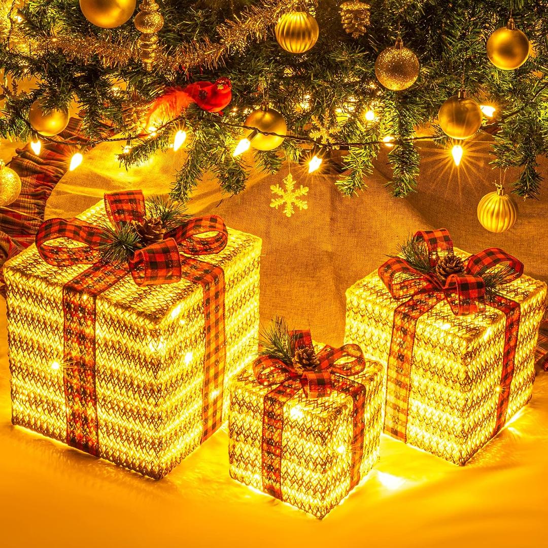 Sunnyglade 10"-8"-6" Set of 3 Christmas Lighted Gift Boxes Decoration Boxes with Plug, Bows, Artificial Pine Leaves and Pine Cones for Christmas, Weddings Yard Home Holiday Art Decoration