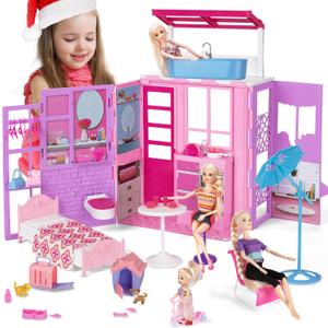 BETTINA Foldable Doll House for 12'' Dolls, 2-Story Dollhouse W/ Loft,Pets Rooms, 40+ Pcs Dollhouse Furnitures & Accessories, Space Saving Playhouse Birthday Xmas Toys Gifts for Girls 3 4 5 6 7 8+