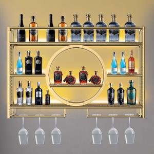 Metal Wine Rack Wall Mounted with LED Light, 3-Tier Bar Liquor Shelf with Wine Glass Holder, Modern Large Capacity Liquor Bottle Display Storage Shelf for Home Bar, Dining Room(Gold, 100*80*15)