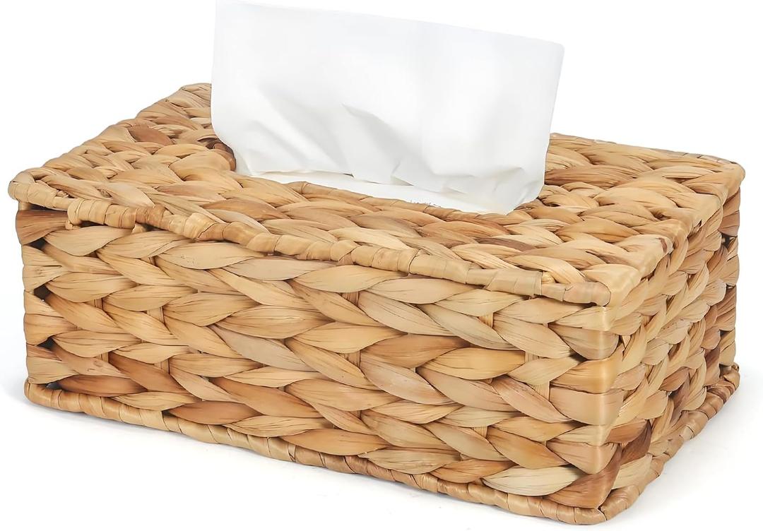Water Hyacinth Rectangular Tissue Box Cover - Handwoven Natural Decorative Tissue Holder, Fits Standard Rectangular Tissue Boxes for Living Room, Bedroom, Bathroom, Sustainable Home Decor