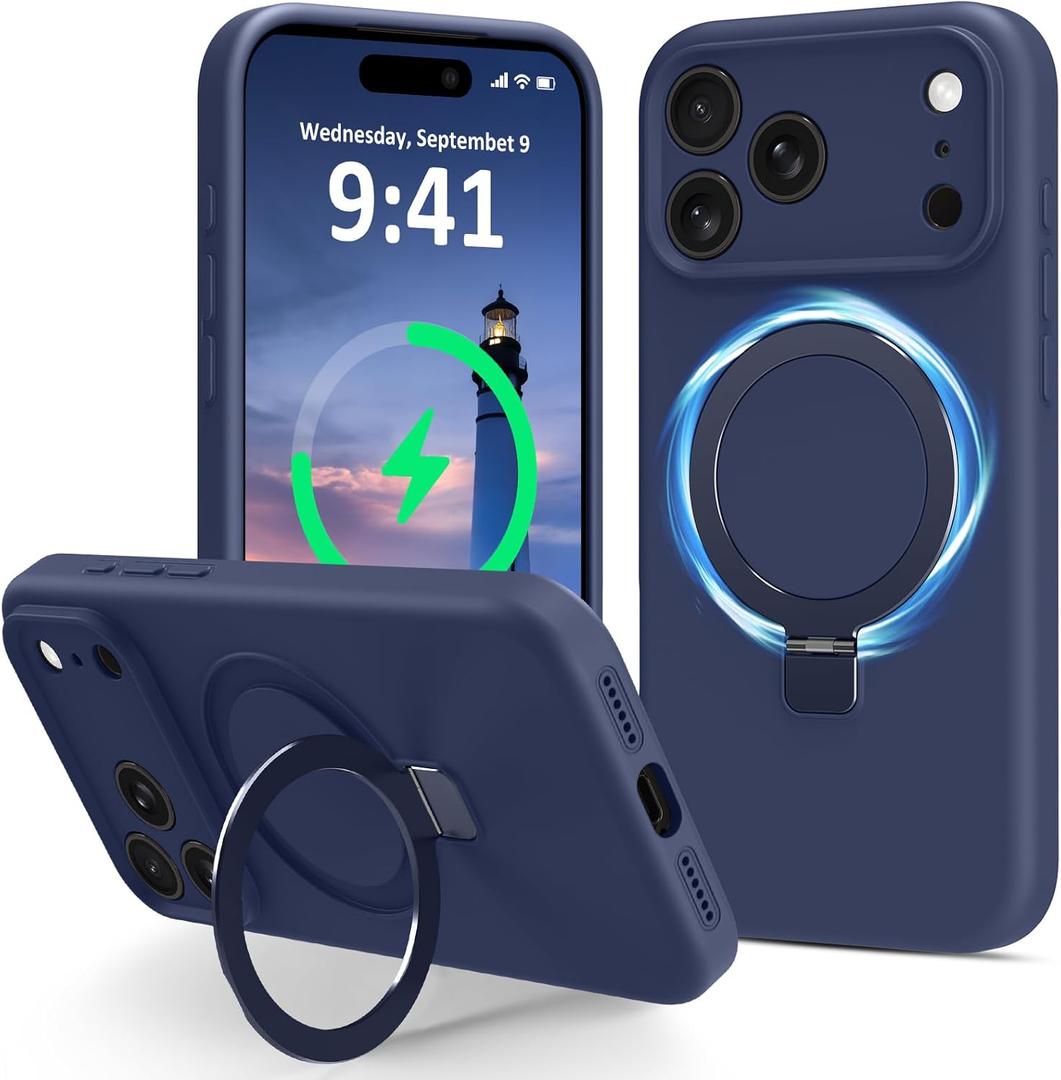 Compatible with iPhone 17 Pro Case Stand, Full Camera Protection Slim Liquid Silicone Phone Cases Fit for iPhone 17 Pro Compatible with MagSafe Magnetic Ring Kickstand Case 6.3", Dark Blue