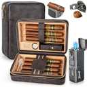 Tesonway Cigar Humidor, Travel Humidor Cigar Box and Cigar Lighter, Leather Cigar Case with Cedar Wood Tray, Hygrometer, Humidifier, Portable Cigar Humidor Cigar Accessories for Men, Holds 7 Cigars