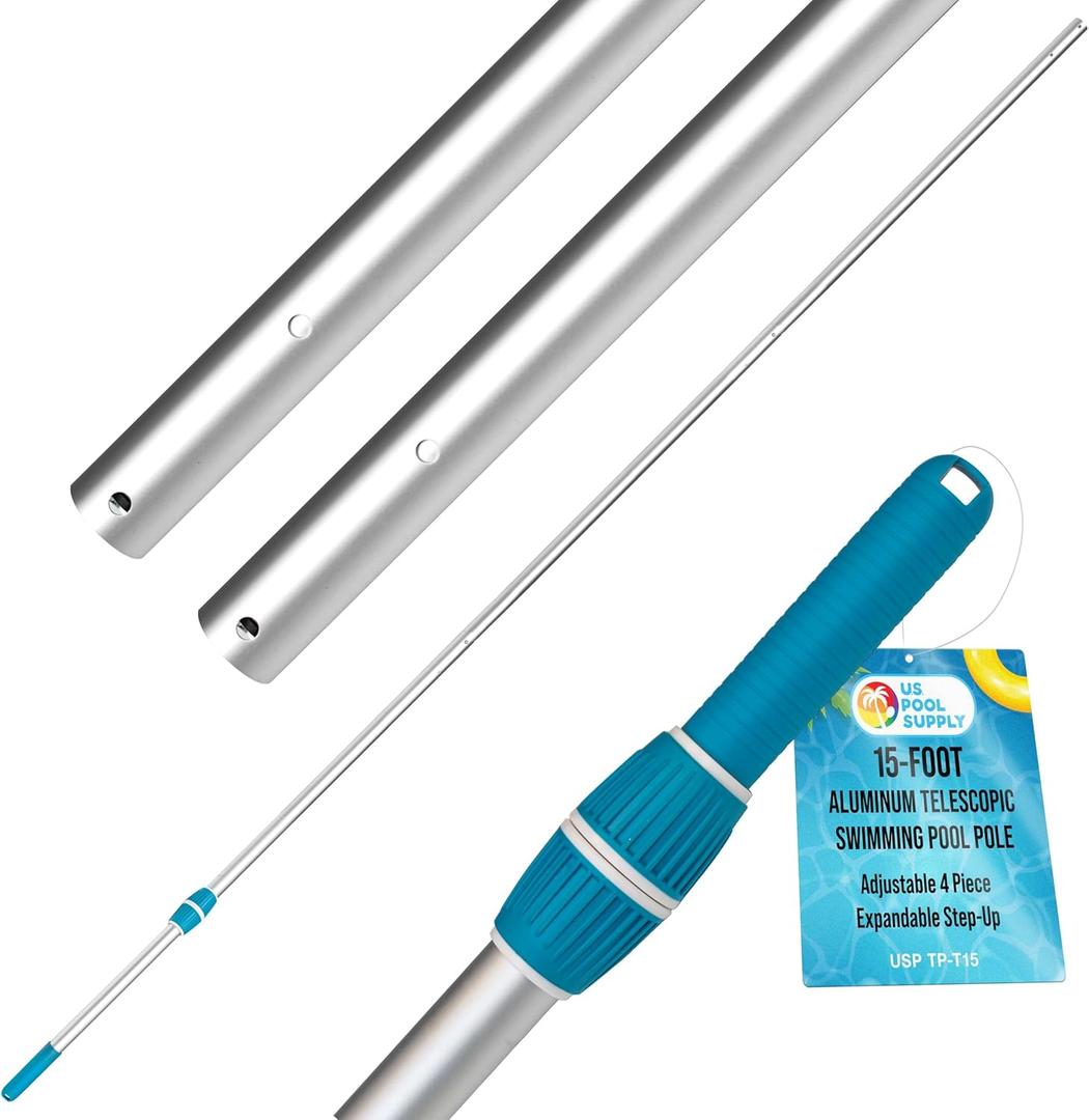 U.S. Pool Supply Telescoping Pole 15-Foot Aluminum Pool Pole Telescopic Cleaning, Adjustable 4 Piece Expandable Step-Up - Twist Locking Cams, Attach Connect Skimmer Net Rake Brush Vacuum Heads Hoses