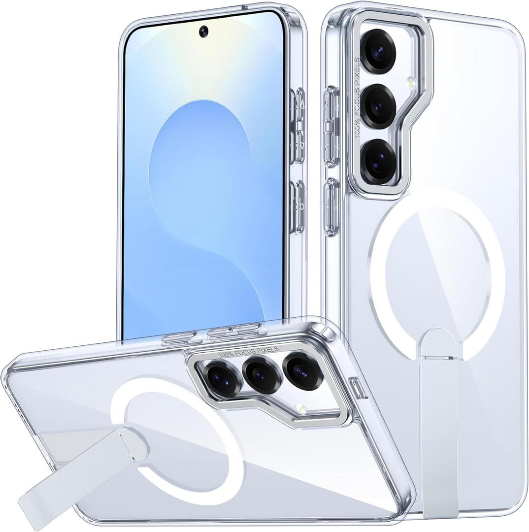 EMMTIPU Galaxy S25+ Plus Case with Stand, Compatible with MagSafe Wireless Charging, [Military Drop Protection] Non-Slip Shockproof Magnetic Phone Case Cover for Samsung Galaxy S25 Plus (Clear)