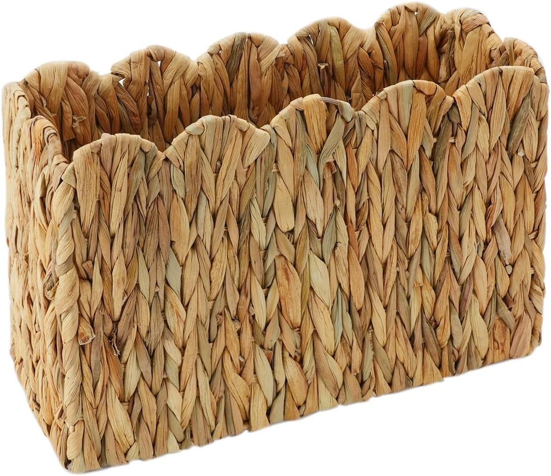 Scalloped Edge Magazine Basket Water Hyacinth Floor Magazine Holder Basket, Wicker Magazine Rack for Office & Waiting Room, Magazine File Holder for Mail, Newspapers, Books