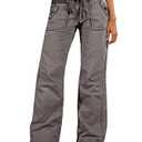 Flamingals Straight Leg Pants for Women Drawstring Waist Mid Rise Casual Solid Seam Detail Pants Gray M